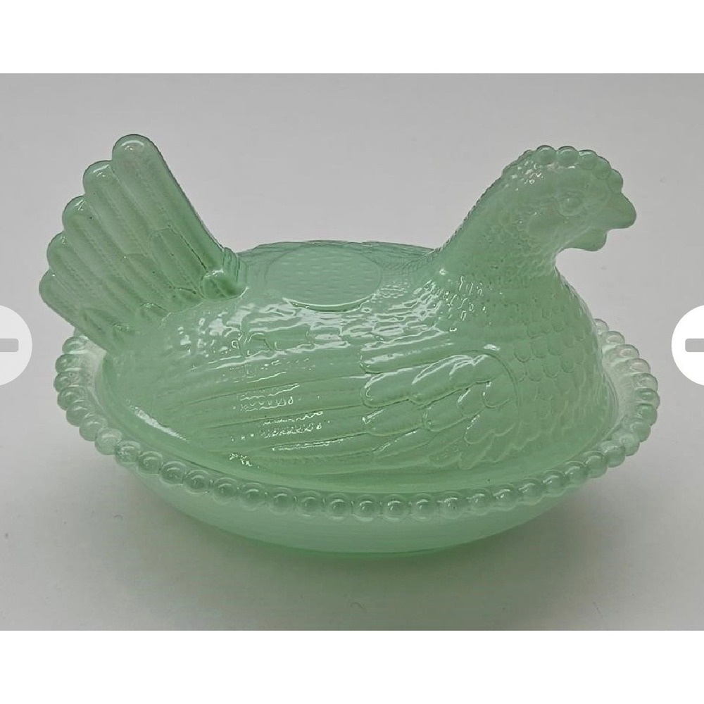 Jadeite Style Green Glass Hen on Nest Covered Dish Chicken Trinket Candy
